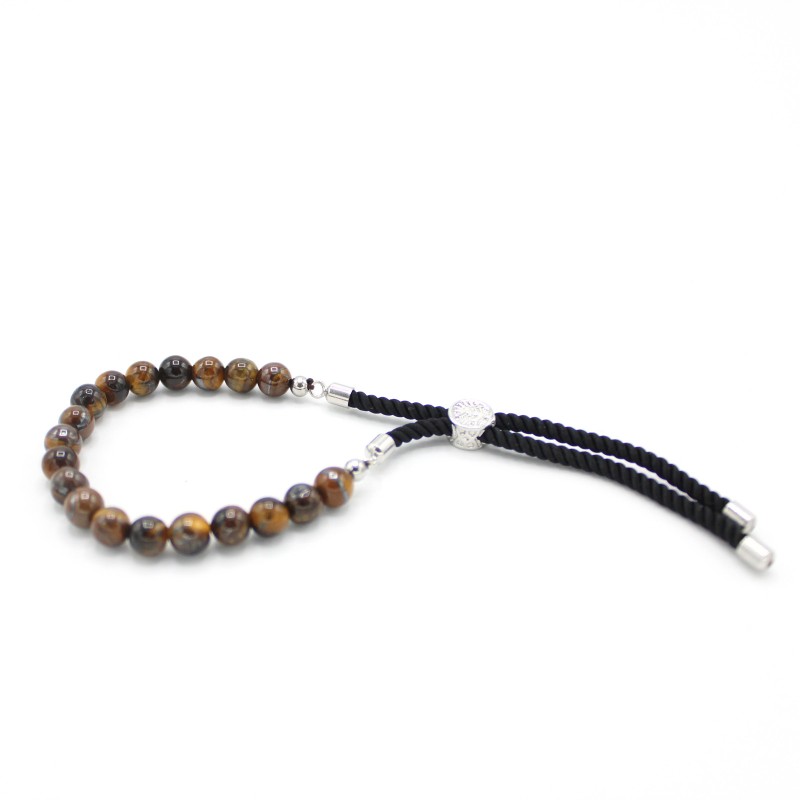 Pulseira de fio preto com Olho de Tigre e ouro 18 quilates-PULSEIRAS COLAR PEDRAS-HOSTENATURA