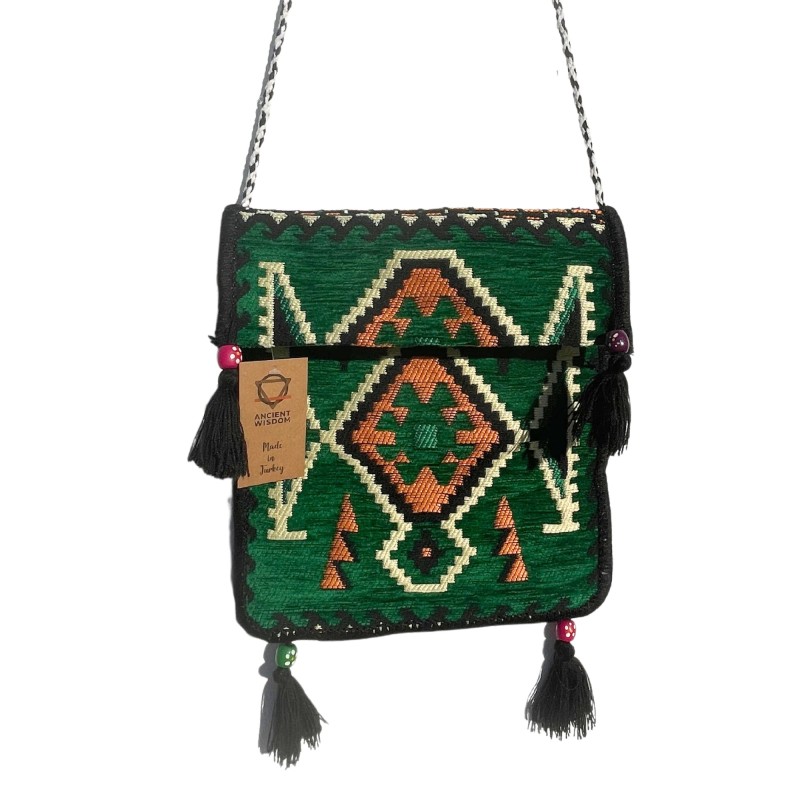 Geantă de umăr pentru petrecere Kilim verde smarald-GENȚI KILIM-HOSTENATURA