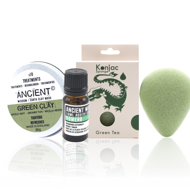 Éponge Konjac verte, argile et huile essentielle-KIT CADEAU-HOSTENATURA