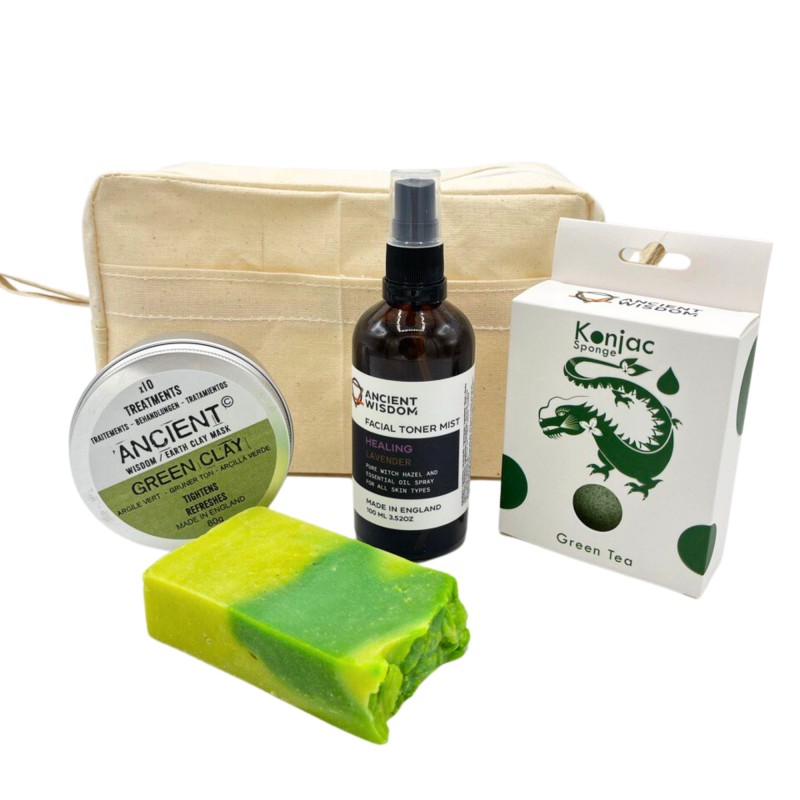 AURPEGIA ZAINTZEKO KIT (OINARRIKO POLTSA, BUZTIN BERDEA AURPEGRAL MASKARA, AURPEGI TONIKOA, KONJAC BELAKIA ETA ALOE VERA XABOIA)-OPARI KIT-HOSTENATURA