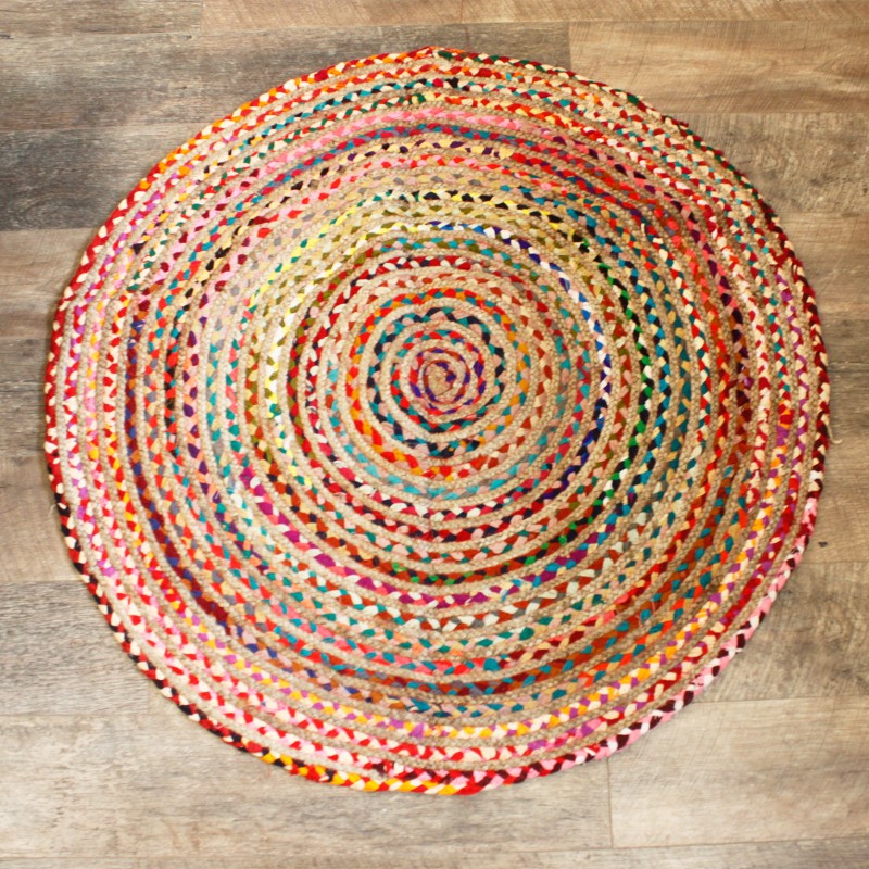 Round Jute and Recycled Cotton Rug - 120 cm-JUTE AND RECYCLED COTTON CARPETS-HOSTENATURA