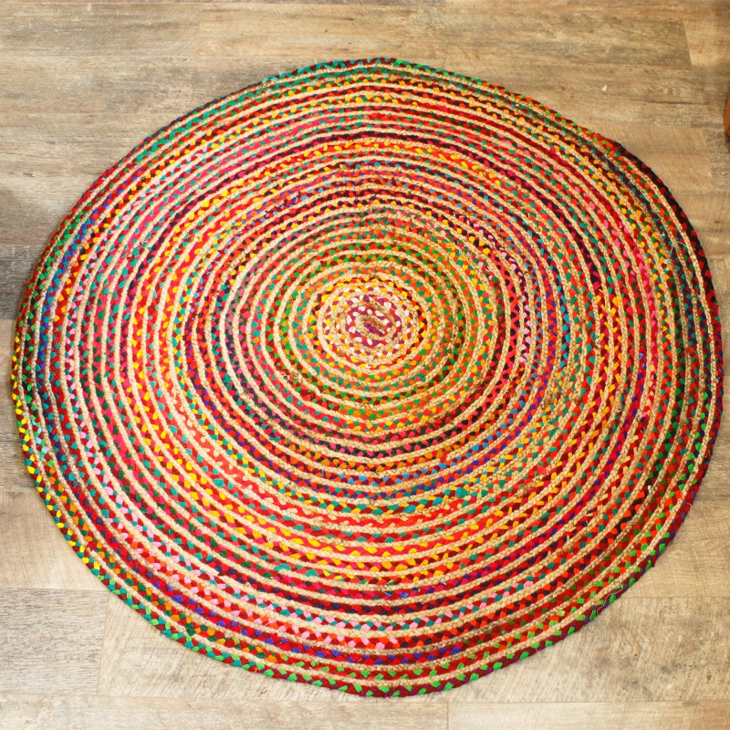 Round Jute and Recycled Cotton Rug 150 cm - Handmade in India-JUTE AND RECYCLED COTTON CARPETS-HOSTENATURA