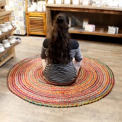 Tapis rond en jute et coton recyclé 150 cm - Fabriqué à la main en Inde