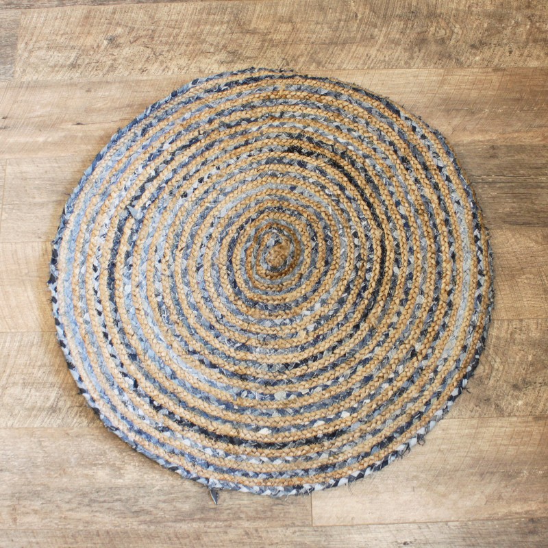 Round Jute and Denim Recycling Rug 90 cm - Handmade in India-JUTE AND RECYCLED COTTON CARPETS-HOSTENATURA