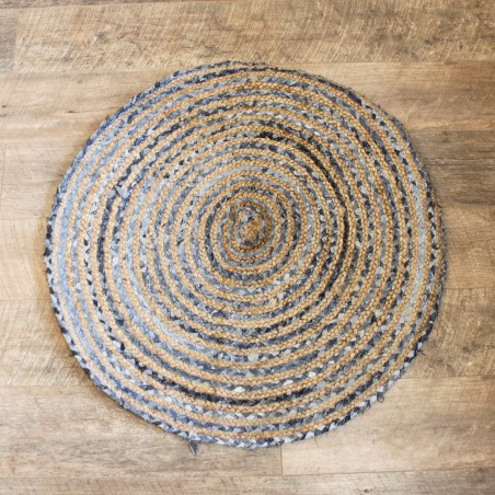 Runder Teppich aus Jute und Denim Recycling 90 cm - Handgefertigt in Indien
