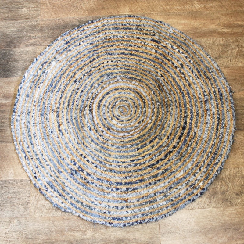 Round Jute and Denim Recycling Rug 120 cm - Handmade in India-JUTE AND RECYCLED COTTON CARPETS-HOSTENATURA