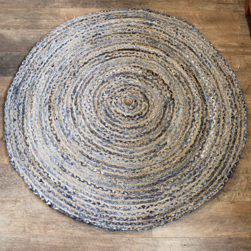 Round Jute and Denim Recycling Rug 150 cm - Handmade in India-JUTE AND RECYCLED COTTON CARPETS-HOSTENATURA