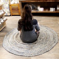 Rond Jute en Denim Recycling Tapijt 150 cm - Handgemaakt in India