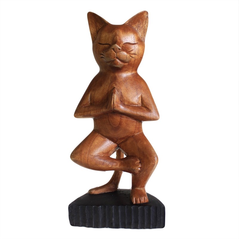 Hand-carved yoga cat - One Leg - 31x13.5x6cm-HAND CARVED YOGA CATS-HOSTENATURA