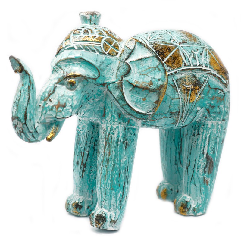 Carved Wooden Elephant - Turquoise Gold - 8x27x24cm - Made in Indonesia-CARVED WOODEN ELEPHANTS-HOSTENATURA