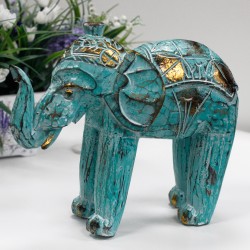 Elefant sculptat în lemn - Aur Turcoaz - 8x27x24cm - Fabricat în Indonezia