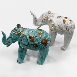 Elefant sculptat în lemn - Aur Turcoaz - 8x27x24cm - Fabricat în Indonezia