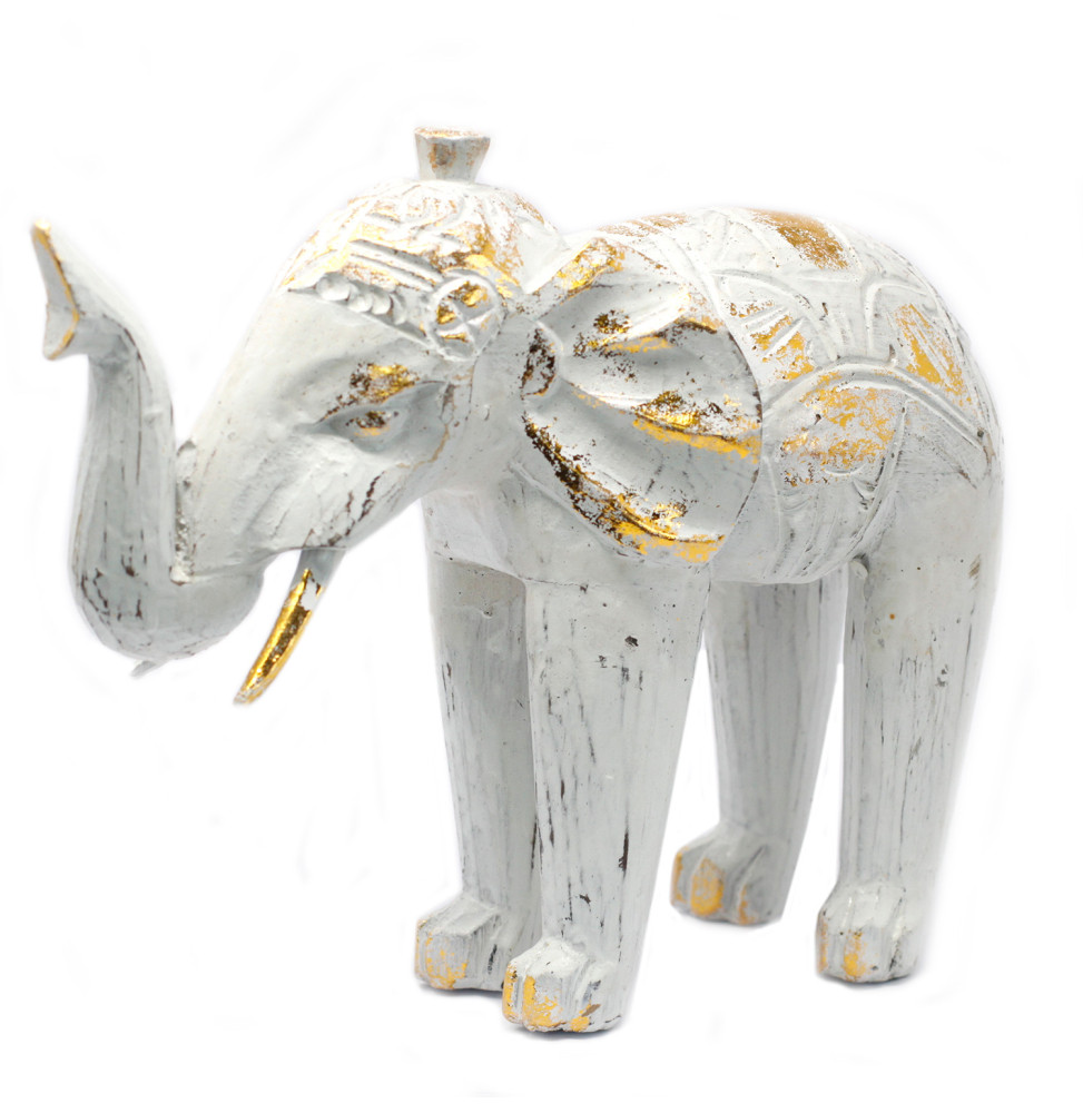 Elefante Tallado en Madera - Oro Blanco - 8x27x24cm - Hecho en Indonesia