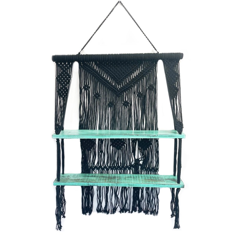 Black Macramé Hanging Shelves - Turquoise-MACRAME SHELVES-HOSTENATURA