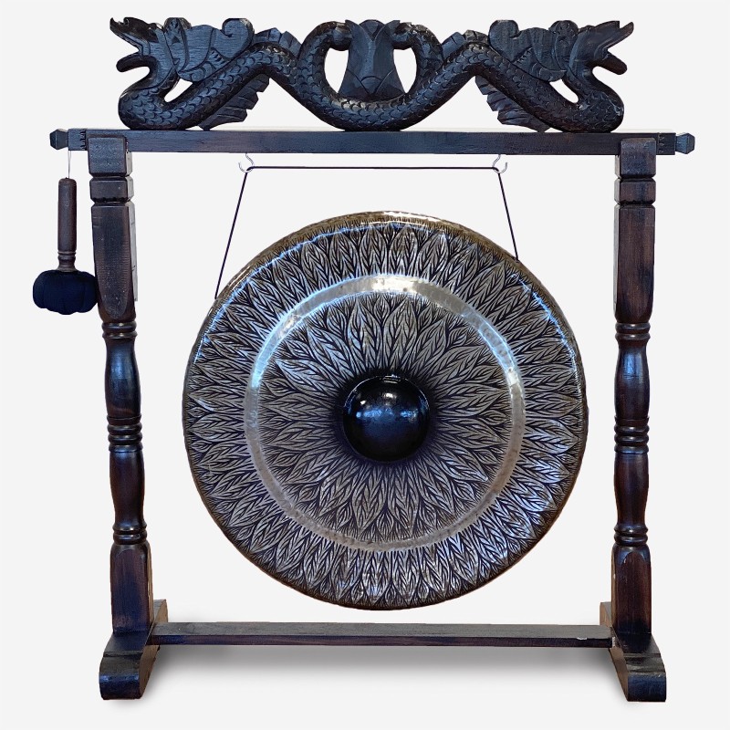 Gong da meditazione grande su supporto marrone antico - 80 cm - Nero - Standard-GONG DI MEDITAZIONE-HOSTENATURA