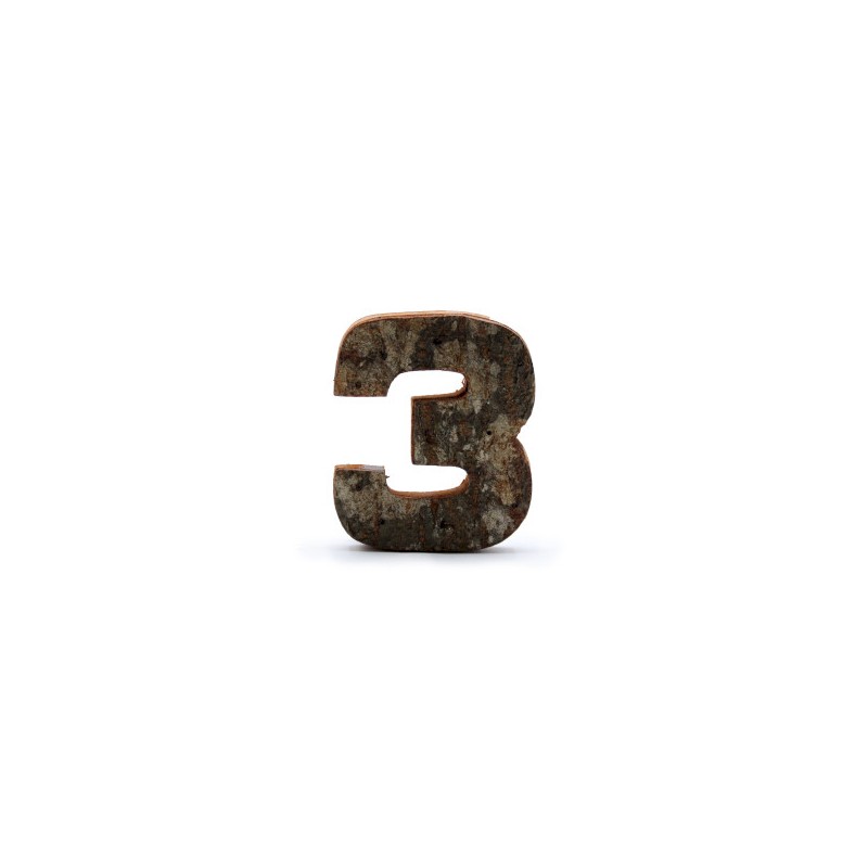 Număr de scoarță rustică - "3" (12) - Mic 7cm-SCRISOARE DECORATIVA DIN LEMN-HOSTENATURA