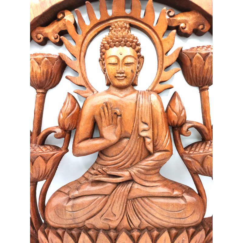 Buddha and Lotus wood panel - 40cm-DECORATIVE WOODEN PANEL-HOSTENATURA