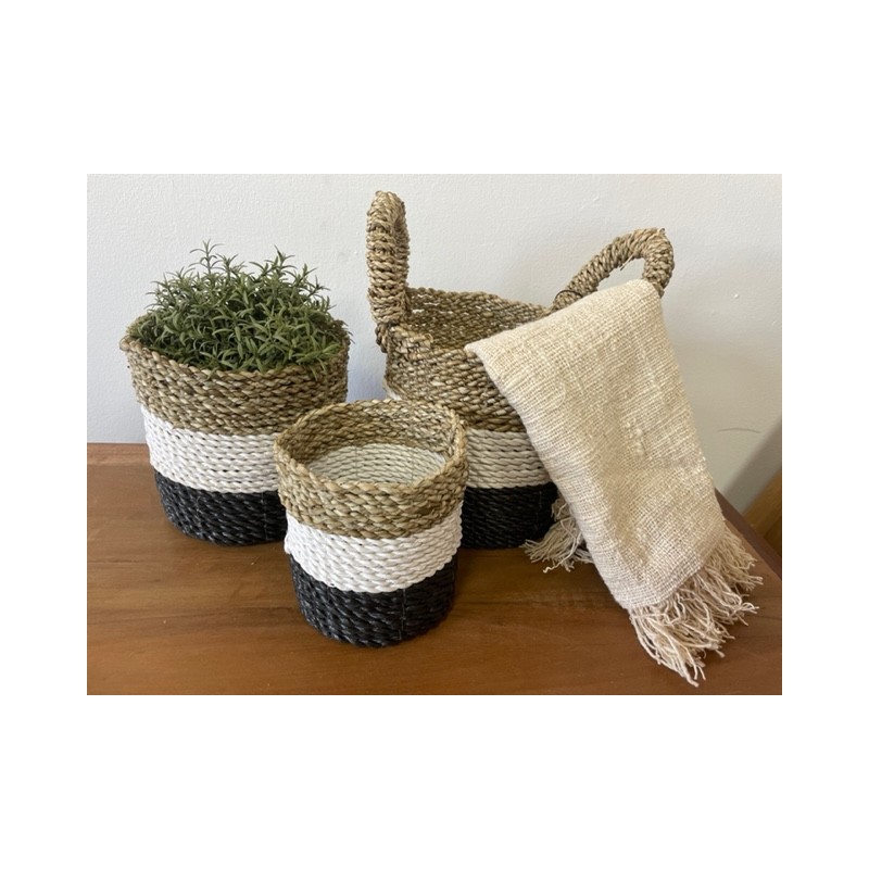 Conjunto Cesto de Algas - Cinzento Escuro/Branco/Natural-CONJUNTO CESTA DE ALGAS MARINHAS-HOSTENATURA