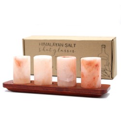 Set of 4 Himalayan Salt Shot Glasses and Wooden Serving Stand