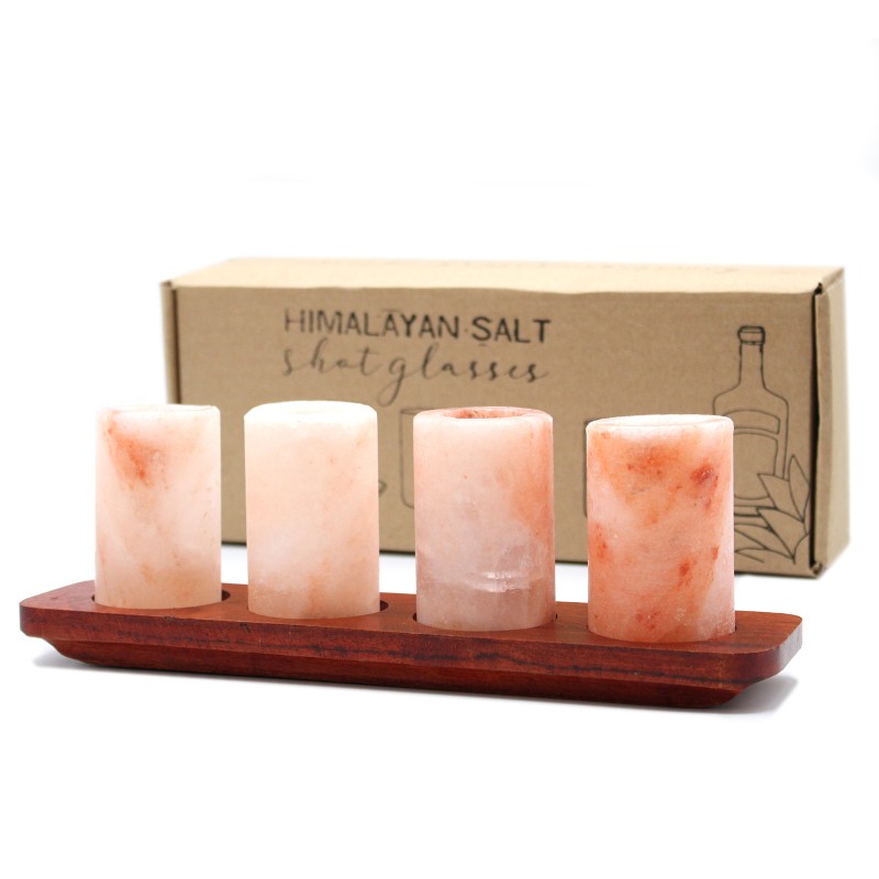 Set of 4 Himalayan Salt Shot Glasses and Wooden Serving Stand-HIMALAYAN SALT SHOT GLASSES-HOSTENATURA