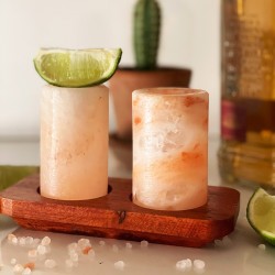 Set of 2 Himalayan Salt Shot Glasses and Wooden Serving Stand