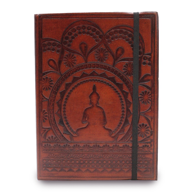 Caderno pequeno con elástico - Mandala Tibetano-Cadernos de coiro vexetal feitos a man-HOSTENATURA