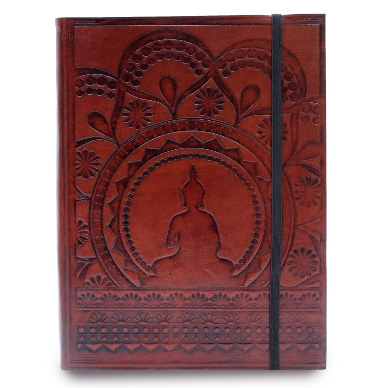 Caderno mediano con elástico - Mandala tibetano-Cadernos de coiro vexetal feitos a man-HOSTENATURA