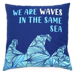 Housse de coussin en coton imprimé - Somos Olas - Gris, bleu et naturel