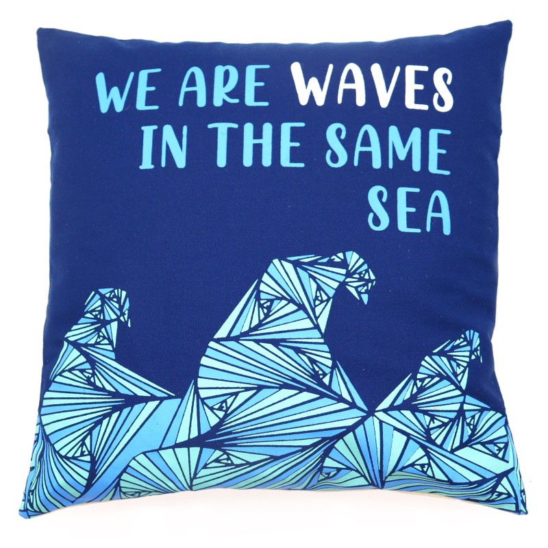 Kussenhoes van katoen met print - We Are Waves - grijs, blauw en naturel-KUSSENHOEZEN-HOSTENATURA