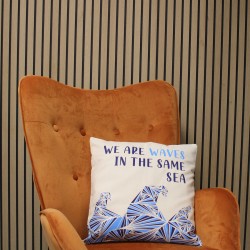 Printed Cotton Cushion Cover - Somos Olas - Grey, Blue and Natural