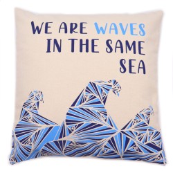 Kussenhoes van katoen met print - We Are Waves - grijs, blauw en naturel