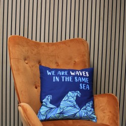 Printed Cotton Cushion Cover - Somos Olas - Grey, Blue and Natural