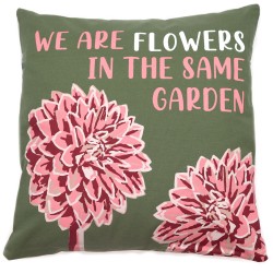 Printed Cotton Cushion Cover - Somos Flores - Olive, Pink and Natural