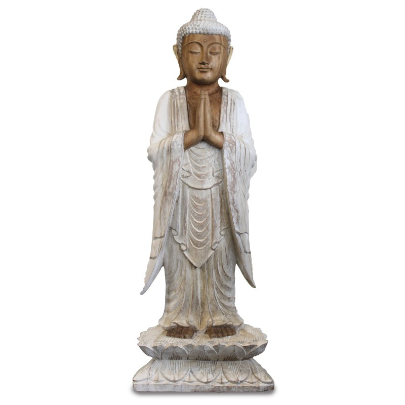 Standing Buddha Statue - Whitewashed - 1m Welcome-HAND CARVED BUDDHA STATUES-HOSTENATURA