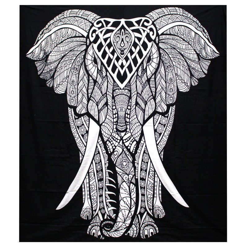 B&W Double Cotton Bedspread + Tapestry - Elephant-COTTON QUILTS-HOSTENATURA