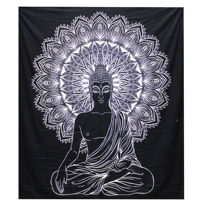 B&W Double Cotton Bedspread + Tapestry - Buddha-COTTON QUILTS-HOSTENATURA