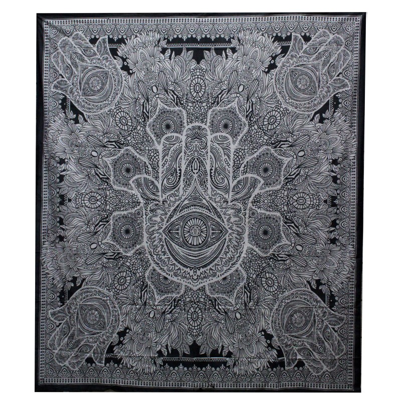 B&W Double Cotton Bedspread + Tapestry - Hamsa-COTTON QUILTS-HOSTENATURA