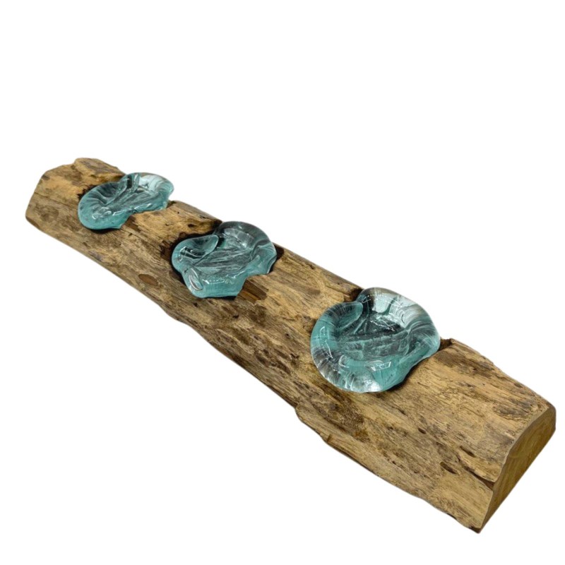 Molton triple flat glass candle holder on wood-FUSED GLASS ON WOOD-HOSTENATURA