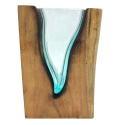 V-shaped art vase made of fused glass on wood