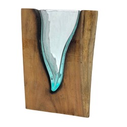 V-shaped art vase made of fused glass on wood