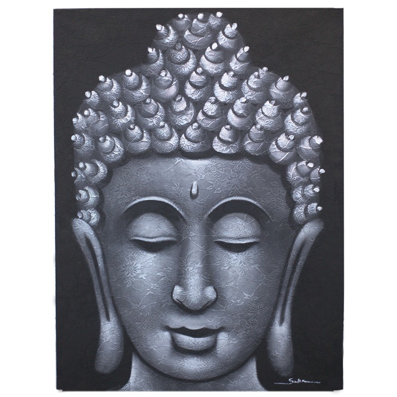 Buddha Gemälde - Graues Brokatdetail - 80x60cm-STOFFBILDER-HOSTENATURA