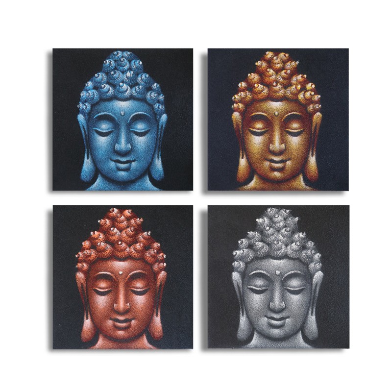 Set of 4 Details of Buddha Heads in Sand 40x40cm-PICTURES ON CANVAS-HOSTENATURA