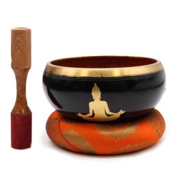 Conjunto Tigela Tibetana Lrg - Buda - Preto/Laranja 14cm