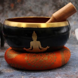 Conjunto Tigela Tibetana Lrg - Buda - Preto/Laranja 14cm