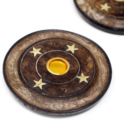 Round disc incense holder made of mango wood - 9cm - Cones & Incense