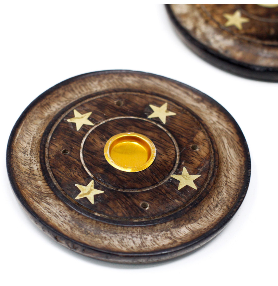 Porta incienso disco redondo de madera de mango - 9cm - Conos & Incienso