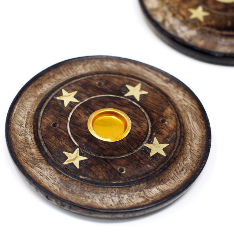 Round disc incense holder made of mango wood - 9cm - Cones & Incense-INCENSE BURNERS-HOSTENATURA