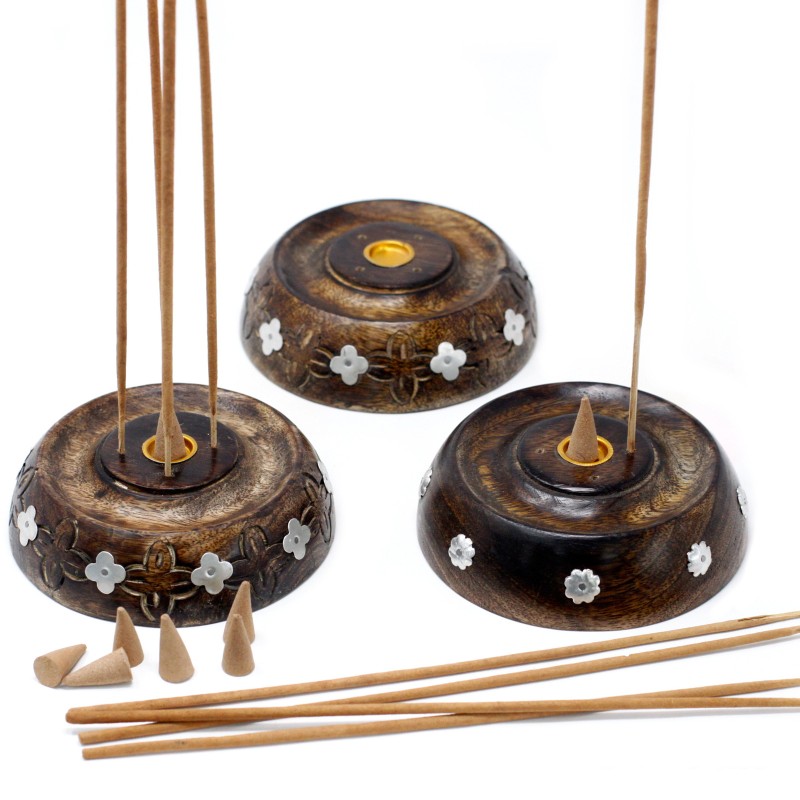 Incense Disc - Incense Holder - Cones & Incense - Mango Wood - 11cm-INCENSE BURNERS-HOSTENATURA